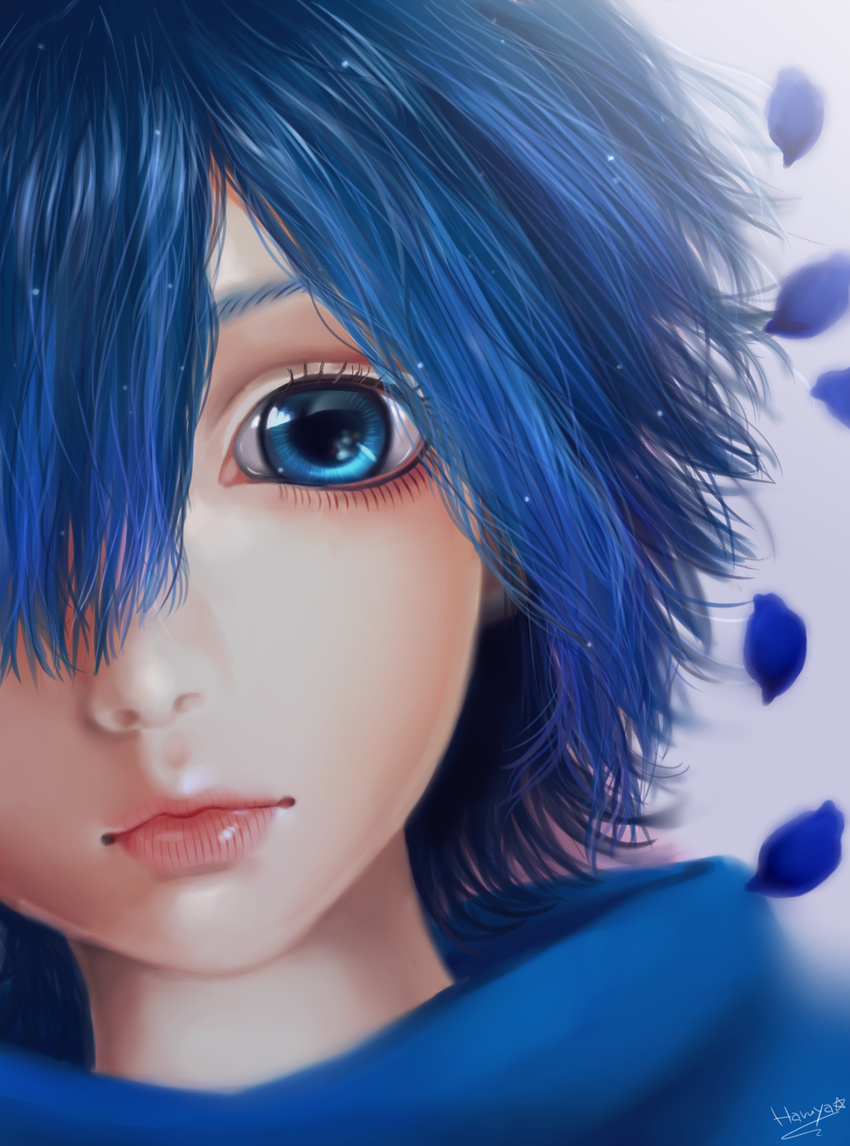 bad_id bad_pixiv_id blue_eyes blue_hair close-up closed_mouth face hair_over_one_eye highres kaito lips male_focus minami_haruya realistic solo vocaloid