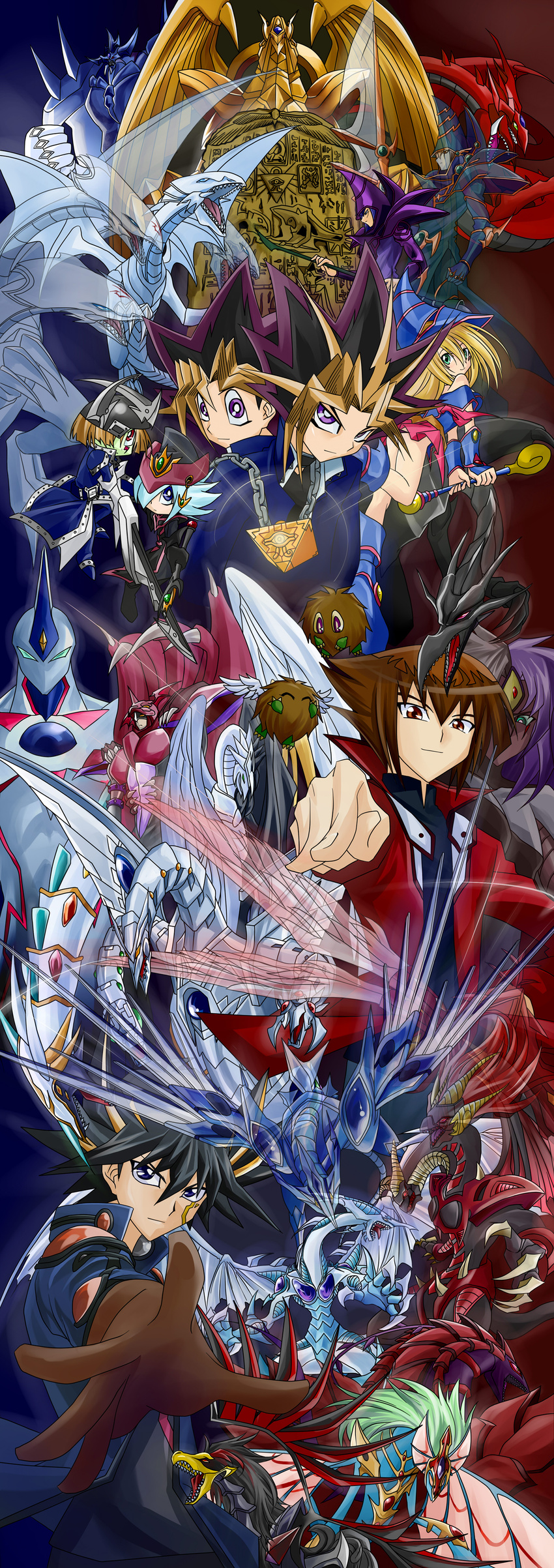 6+boys absurdres black_hair blonde_hair blue-eyes_white_dragon blue_eyes brown_eyes brown_hair crossover dark_magician dark_magician_girl dragon everyone fudou_yuusei gloves green_eyes hat highres hisou_noa jacket kuriboh millennium_puzzle monster multicolored_hair multiple_boys mutou_yuugi school_uniform skirt smile stardust_dragon wand winged_kuriboh wizard_hat yami_yuugi yubel yuu-gi-ou yuu-gi-ou_5d's yuu-gi-ou_duel_monsters yuu-gi-ou_gx yuuki_juudai