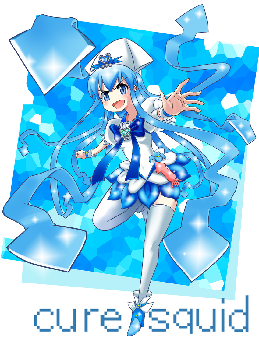 :d artist_request blue blue_background blue_eyes blue_hair blue_skirt cosplay crossover cure_marine cure_marine_(cosplay) english heart heartcatch_precure! highres ikamusume long_hair look-alike looking_at_viewer looking_back magical_girl mosaic_background no_choker open_mouth precure shinryaku!_ikamusume skirt smile solo source_request spread_fingers thighhighs v-shaped_eyebrows white_legwear zettai_ryouiki