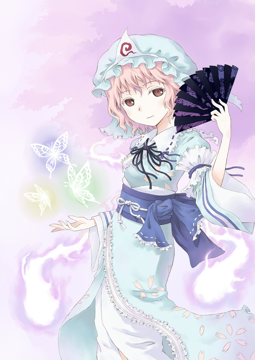 1girl bad_id bad_pixiv_id bug butterfly fan folding_fan ghost hat highres hitodama insect japanese_clothes kimono pink_eyes pink_hair saigyouji_yuyuko solo touhou