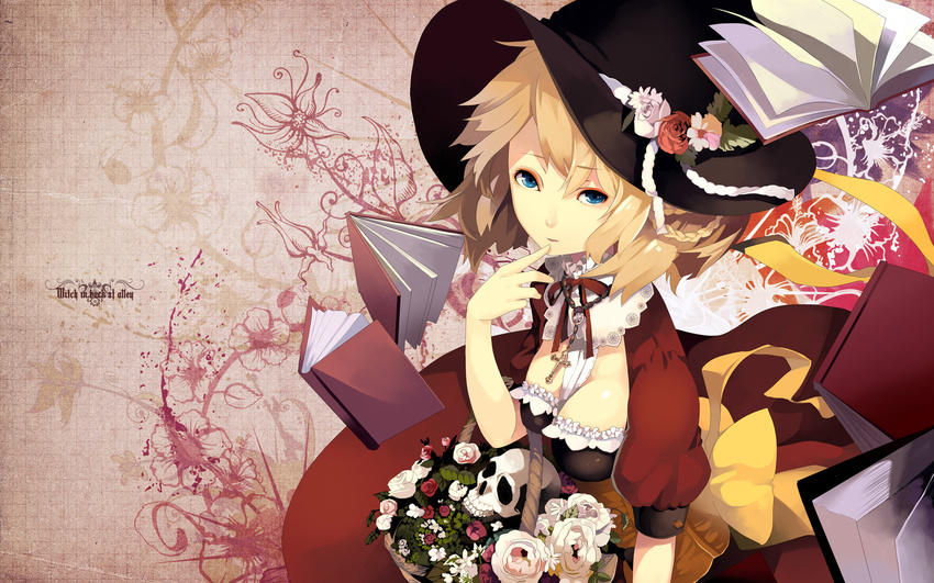 bad_id bad_pixiv_id blonde_hair blue_eyes book breasts cleavage finger_to_mouth flower hat highres large_breasts original pink_flower pink_rose red_flower red_rose riku_(wana) rose short_hair skull solo wallpaper white_flower white_rose