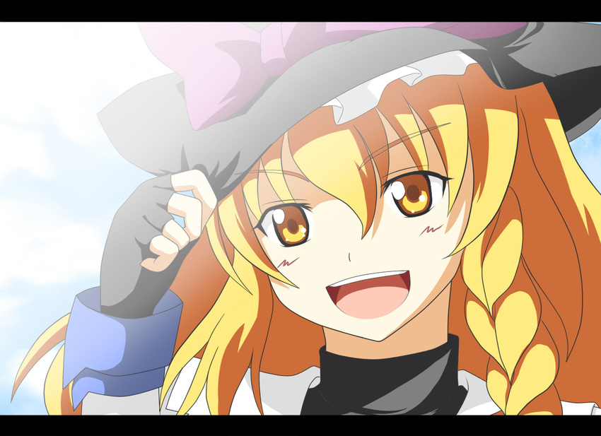 anime_coloring chaigidhiell close-up face fingerless_gloves gloves hand_on_headwear kirisame_marisa letterboxed open_mouth solo touhou