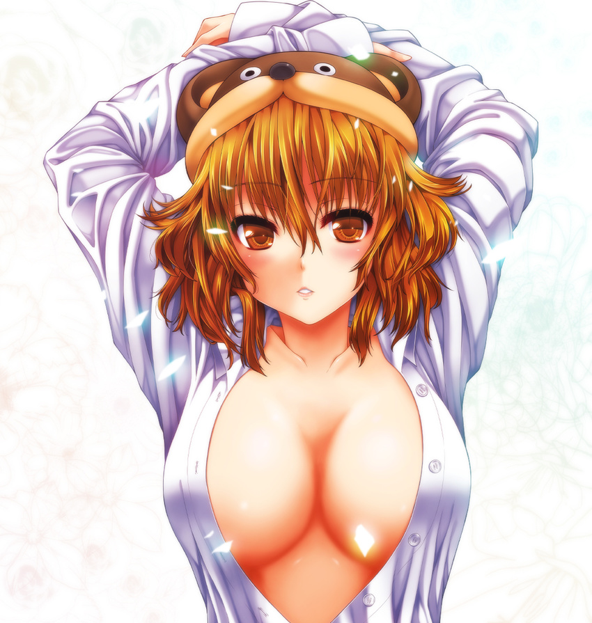 arms_up bad_id bad_pixiv_id blush breasts brown_eyes brown_hair cleavage copyright_request hat highres large_breasts open_clothes open_shirt petals shirt solo white_shirt yoshida_inuhito
