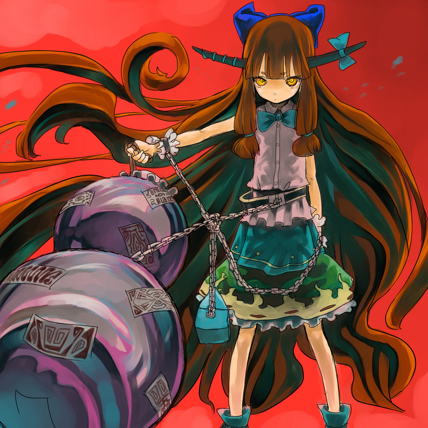 bad_id bad_pixiv_id brown_eyes brown_hair chain dareruraito foreshortening gourd highres horns ibuki_suika long_hair solo touhou very_long_hair