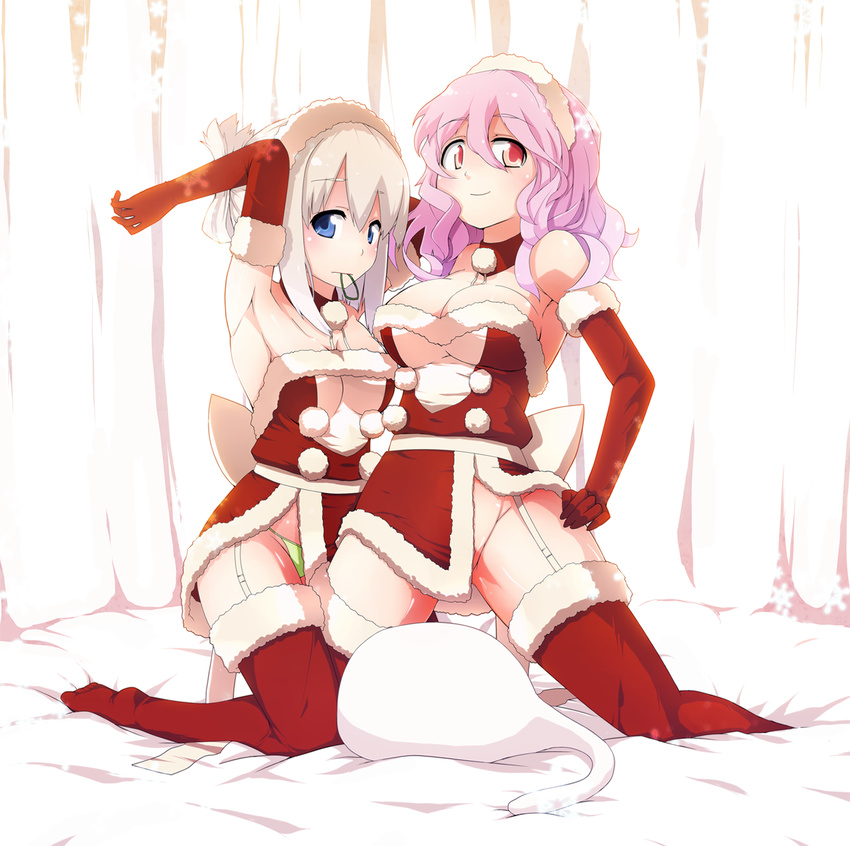 alternate_costume alternate_hairstyle armpits arms_up bare_shoulders blue_eyes breasts christmas cleavage garter_straps gloves hair_up hand_on_hip hands_on_hips highres kneeling konpaku_youmu konpaku_youmu_(ghost) large_breasts looking_at_viewer medium_breasts mouth_hold multiple_girls no_panties on_bed oyaji-sou panties pink_eyes pink_hair red_eyes red_gloves saigyouji_yuyuko santa_costume shiny shiny_skin short_hair side_slit silver_hair string_panties thighhighs thighs thong touhou underwear wide_hips