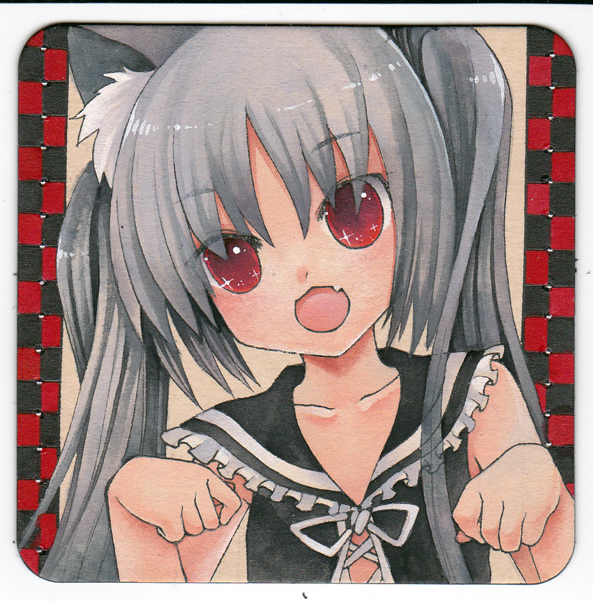 :3 animal_ears black_hair cat_ears face fang grey_hair hands head_tilt kooh long_hair marker_(medium) mosho open_mouth pangya paw_pose red_eyes solo traditional_media twintails watercolor_(medium)