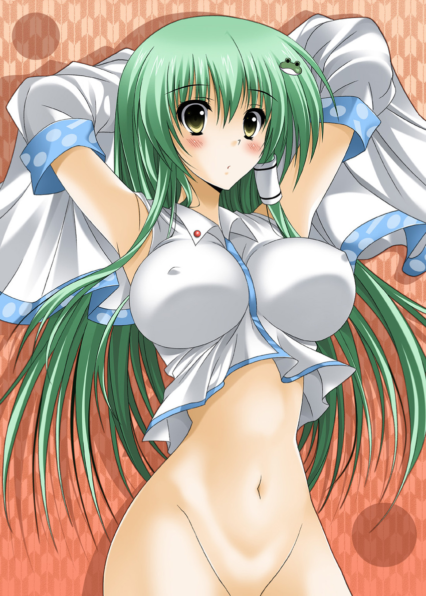 arms_up bottomless breasts covered_nipples curvy detached_sleeves frog green_hair hair_ornament highres kochiya_sanae large_breasts long_hair oda_ken'ichi out-of-frame_censoring solo touhou yellow_eyes