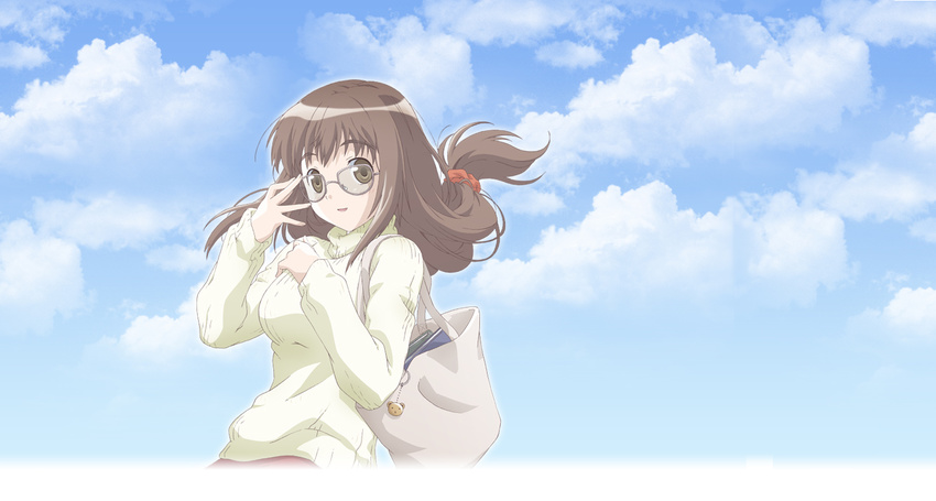 artist_request bag book brown_hair cloud day glasses hair_ornament kimura_mitsuki long_hair megane_na_kanojo sky solo sweater yellow_eyes