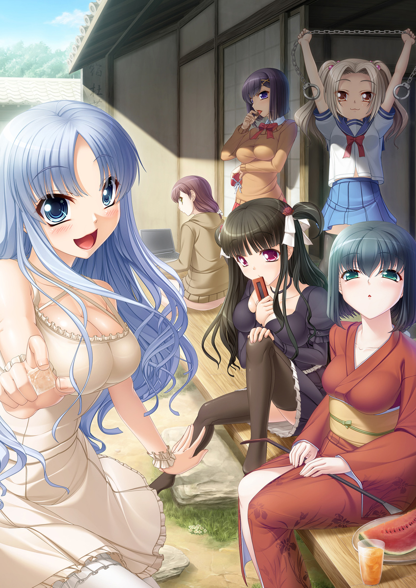 black_hair blonde_hair blue_eyes blue_hair breasts brown_eyes brown_hair chain computer cuffs flat_chest green_eyes green_hair hair_ornament handcuffs highres japanese_clothes kimono kirin_kakeru laptop large_breasts long_hair multiple_girls open_mouth original red_eyes school_uniform serafuku short_hair sitting skirt thighhighs twintails