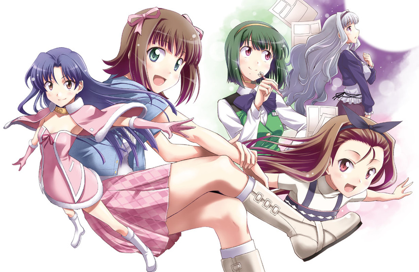 :d amami_haruka blue_hair blush bow breasts brown_hair cleavage crossed_legs cute_&amp;_girly_(idolmaster) fuugetsu_makoto green_eyes green_hair hair_bow hairband idolmaster idolmaster_(classic) kisaragi_chihaya long_hair medium_breasts minase_iori moon multiple_girls open_mouth otonashi_kotori pink_eyes shijou_takane short_hair silver_hair sitting smile