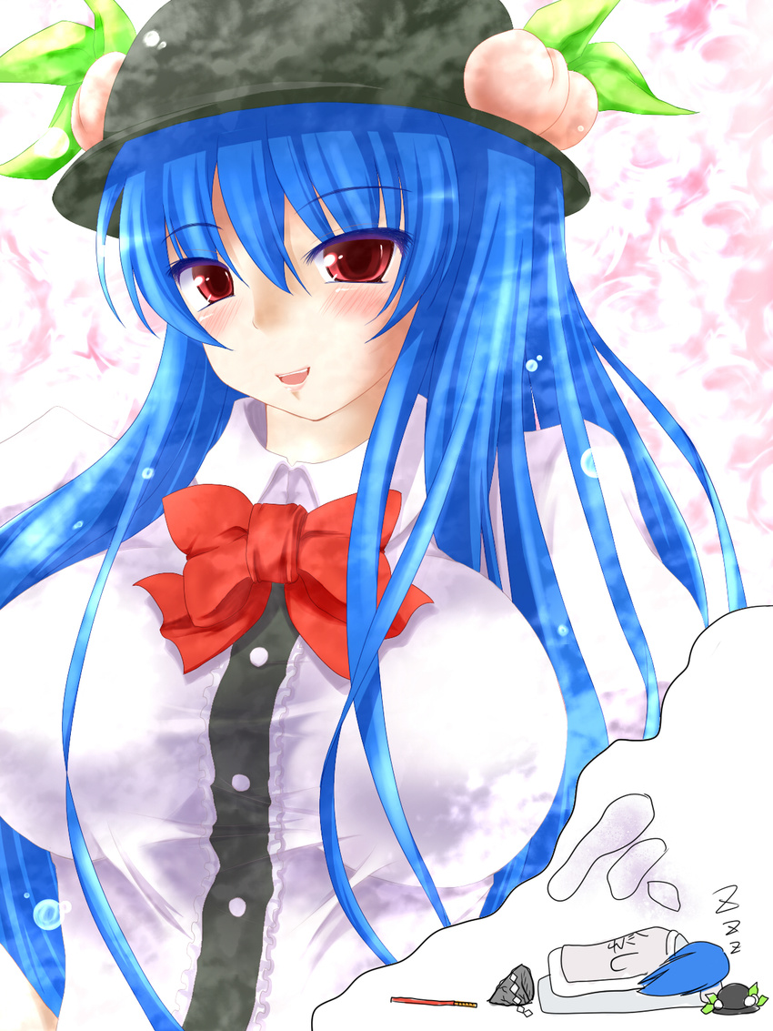 alternate_breast_size blue_hair breasts dreaming highres hinanawi_tenshi huge_breasts long_hair negamaro red_eyes solo touhou