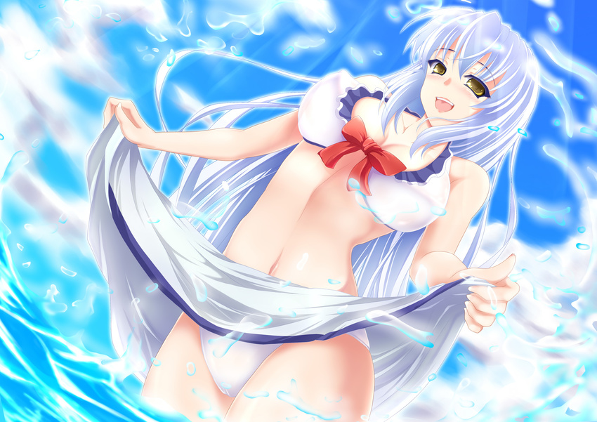 bikini breasts cloud day frilled_bikini frills front-tie_top highres kamishirasawa_keine large_breasts light_rays lips looking_at_viewer negamaro open_mouth revision sarong silver_hair skirt skirt_lift sky smile solo submerged sunbeam sunlight swimsuit touhou water yellow_eyes