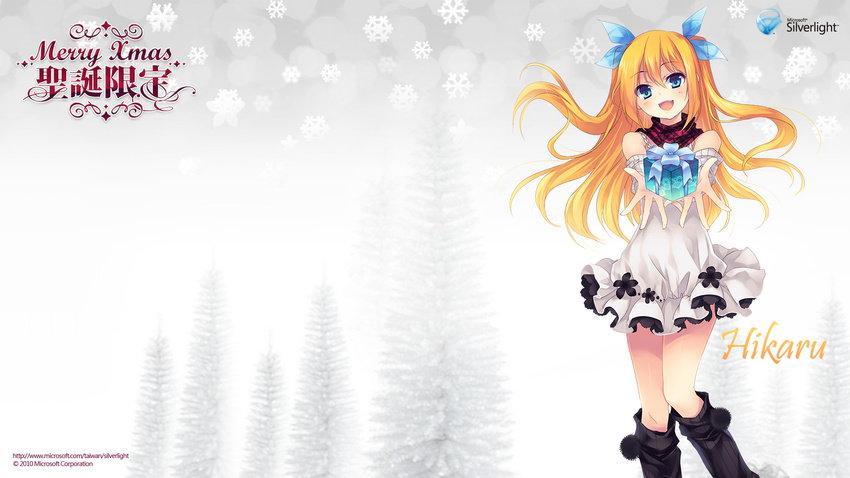 aizawa_hikaru bare_shoulders blonde_hair blue_eyes bow dress gift hair_bow hair_ribbon highres holding holding_gift long_hair microsoft open_mouth os-tan outstretched_arms ribbon scarf short_dress silverlight snowflakes solo