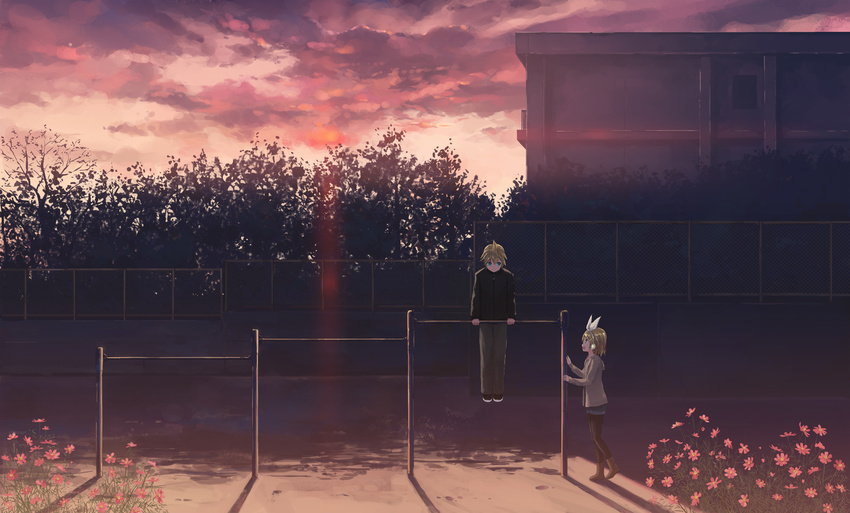 1girl brother_and_sister casual evening flower highres horizontal_bar isou_nagi kagamine_len kagamine_rin playground siblings sunset twilight twins vocaloid