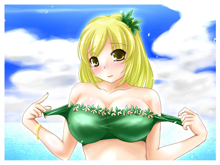 adjusting_clothes adjusting_swimsuit aki_shizuha alternate_color bikini_top blonde_hair blush bracelet breasts cleavage cloud covered_nipples day hair_ornament highres jewelry large_breasts leaf_hair_ornament negamaro sky solo swimsuit touhou upper_body yellow_eyes