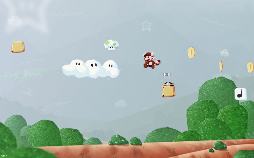 1up absurdres animal_ears block cloud coin goomba highres mario mario_(series) md5_mismatch note_block orioto raccoon_ears raccoon_tail resized star starman_(mario) super_mario_bros. super_mario_bros._3 tail upscaled |_|