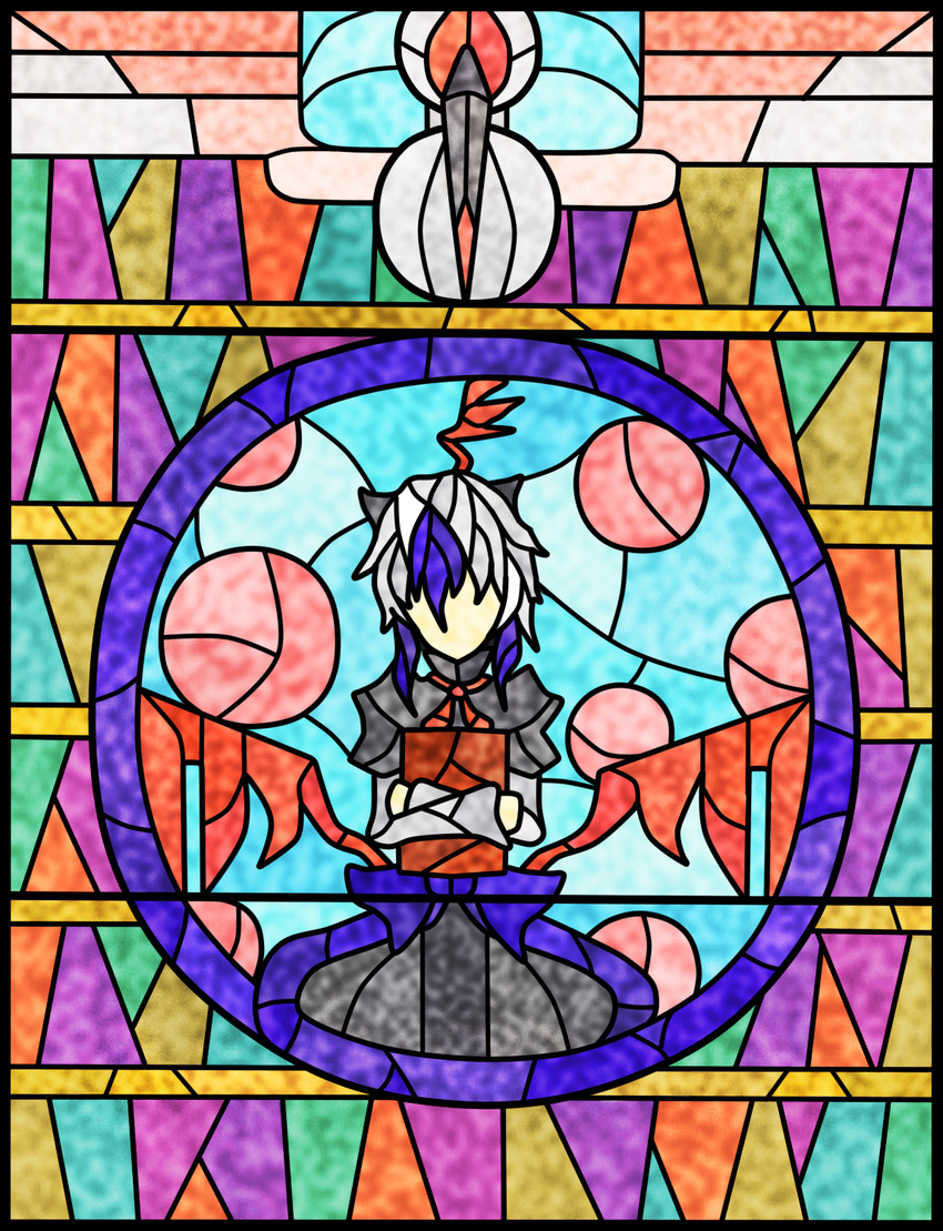 bad_id bad_pixiv_id book faux_traditional_media head_wings highres horns koutyousan multicolored_hair short_hair solo stained_glass tokiko_(touhou) touhou wings