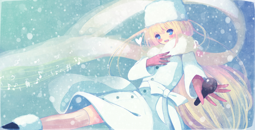 bad_id bad_pixiv_id blonde_hair blue_eyes blush bow coat fur_hat hat long_hair microphone mikuri_yoru multicolored_hair musical_note open_mouth original scarf smile snow solo thighhighs two-tone_hair winter