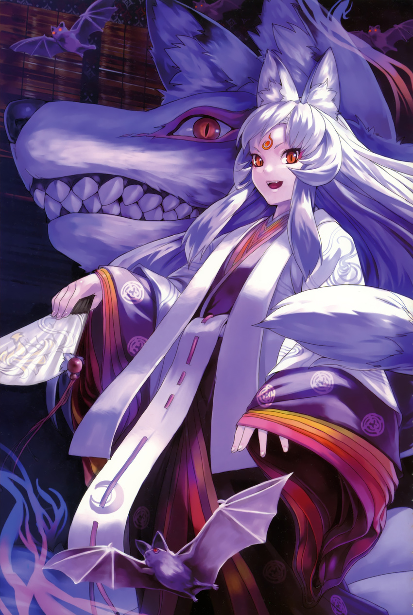 absurdres animal_ears bat facial_mark fan folding_fan forehead_mark fox_ears fox_tail highres himeji_castle japanese_clothes karaginu_mo kimono kitsune layered_clothing layered_kimono long_hair moe_moe_youkai_jiten_zero osakabe-hime_(moe_moe_youkai_jiten) osakabe-hime_(mythology) red_eyes solo tail very_long_hair white_hair won_(toufunokado) youkai