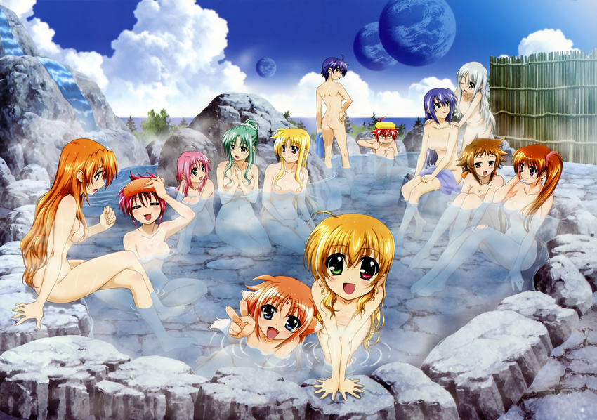 :3 =_= absurdres ahoge aqua_scrunchie areolae arf ass barefoot blonde_hair blue_eyes blue_hair blue_towel breasts brown_hair caro_ru_lushe cinque_(nanoha) cleavage closed_eyes cloud convenient_arm convenient_censoring crossed_legs dieci_(nanoha) fang fate_testarossa ginga_nakajima green_eyes green_hair hair_ornament hair_over_breasts hair_over_one_breast hair_ribbon hair_scrunchie hand_on_hip heterochromia highres holding holding_towel leg_hug legs lindy_harlaown long_hair looking_back lyrical_nanoha mahou_shoujo_lyrical_nanoha_strikers medium_breasts moon multiple_girls multiple_moons navel no_nipples nove_(nanoha) nude numbers_(nanoha) okuda_yasuhiro one_eye_closed onsen open_mouth orange_ribbon orange_towel ponytail red_eyes red_hair red_scrunchie ribbon scrunchie short_hair siblings sideboob silver_hair sisters sitting sky small_breasts steam steam_censor subaru_nakajima takamachi_nanoha teana_lanster towel towel_on_head towel_on_legs v very_long_hair vivio water wendi_(nanoha) wet yellow_towel