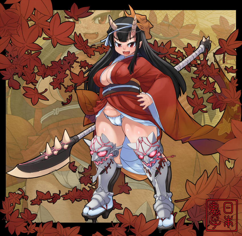 armor black_hair breasts covered_nipples full_body fundoshi greaves hand_on_hip hinomoto_oniko horns japanese_clothes kawacchi_hirohiro large_breasts leaf long_hair long_sleeves mask oni open_mouth original plump polearm red_eyes smile solo spear spikes tabi thick_thighs thighs weapon wide_sleeves