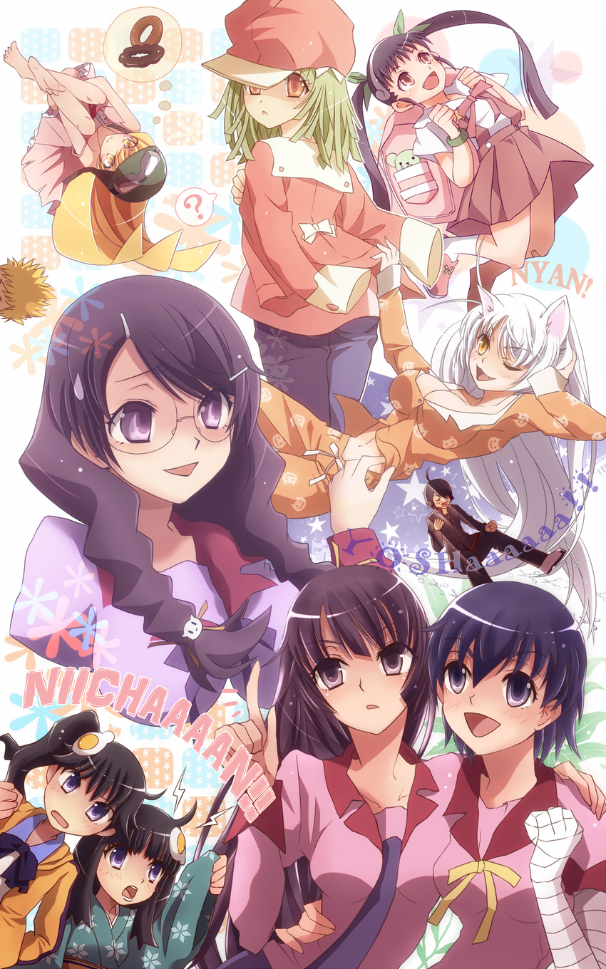 6+girls animal_ears araragi_karen araragi_koyomi araragi_tsukihi backpack bad_id bad_pixiv_id bag bakemonogatari cabbie_hat cat_ears doughnut everyone food hachikuji_mayoi hanekawa_tsubasa hat helmet highres japanese_clothes juliet_sleeves kanbaru_suruga kimono long_hair long_sleeves monogatari_(series) multiple_girls nekomonogatari oshino_meme oshino_shinobu pajamas puffy_sleeves school_uniform sengoku_nadeko senjougahara_hitagi suzusachinet