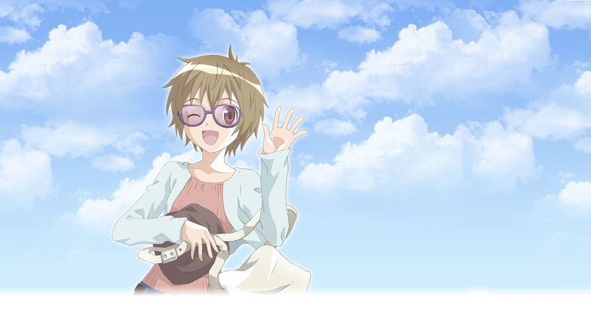 artist_request bag brown_hair cloud day fang glasses ichinohe_aya megane_na_kanojo one_eye_closed red_eyes short_hair sky smile solo