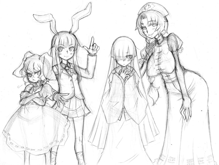 :&lt; :3 greyscale houraisan_kaguya inaba_tewi jon_henry_nam monochrome multiple_girls reisen_udongein_inaba sketch touhou yagokoro_eirin