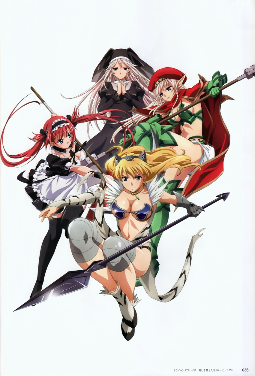 absurdres airi_(queen's_blade) aldra_(queen's_blade) alleyne_(queen's_blade) animal_print armor black_legwear blonde_hair blue_eyes boots breasts choker cleavage detached_sleeves elbow_gloves elf elina gauntlets gloves green_eyes hat headdress highres large_breasts long_hair maid multiple_girls non-web_source nun pointy_ears polearm queen's_blade red_eyes silver_hair spear thigh_boots thighhighs tiger_print twintails very_long_hair weapon