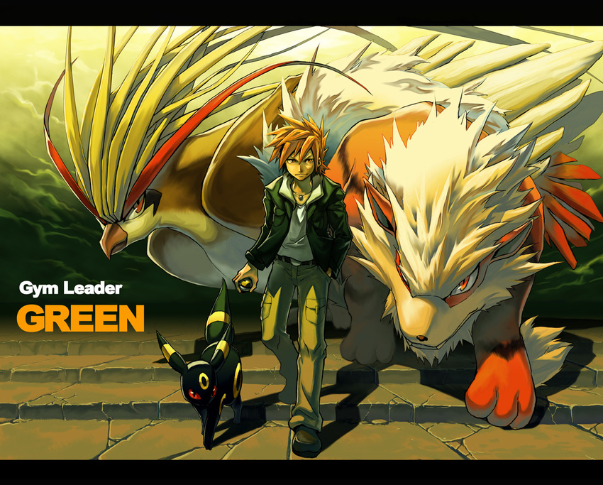 arcanine brown_hair character_class character_name cloud epic gen_1_pokemon gen_2_pokemon gym_leader hand_in_pocket holding holding_poke_ball jacket jewelry letterboxed necklace ookido_green pidgeot poke_ball pokemon pokemon_(creature) pokemon_(game) pokemon_hgss sei_jun sky stairs ultra_ball umbreon