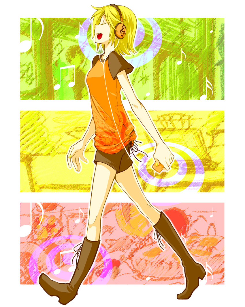 bad_id bad_pixiv_id blonde_hair boots closed_eyes headphones highres kagamine_rin music musical_note open_mouth rioko short_hair shorts singing smile solo vocaloid walking