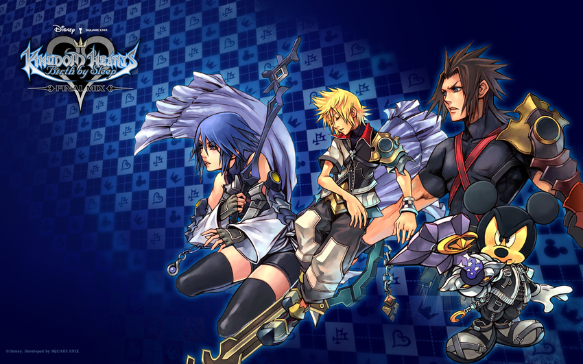 aqua_(kingdom_hearts) blonde_hair blue_hair brown_hair highres keyblade kingdom_hearts kingdom_hearts_birth_by_sleep mickey_mouse nomura_tetsuya official_art terra_(kingdom_hearts) ventus