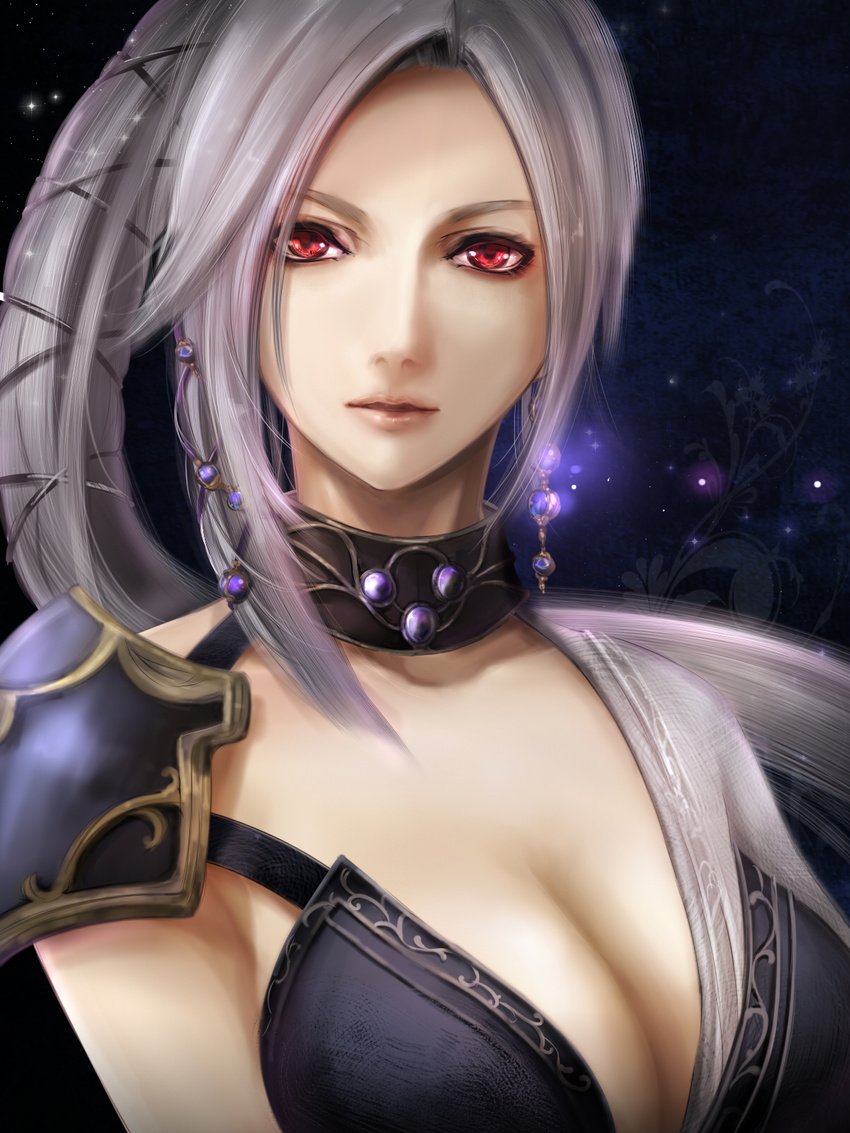 breasts cleavage earrings grey_hair highres jewelry large_breasts lips long_hair red_eyes selene_(trinity_souls_of_zill_o'll) solo trinity_souls_of_zill_o'll upper_body yuuki_kira zill_o'll