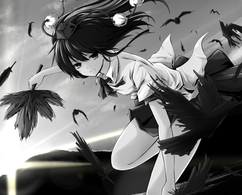 bad_id bad_pixiv_id bird crow fan feathers flying greyscale hat highres light_smile looking_at_viewer monochrome pom_pom_(clothes) sam_ashton shameimaru_aya skirt sky solo sunlight tokin_hat touhou