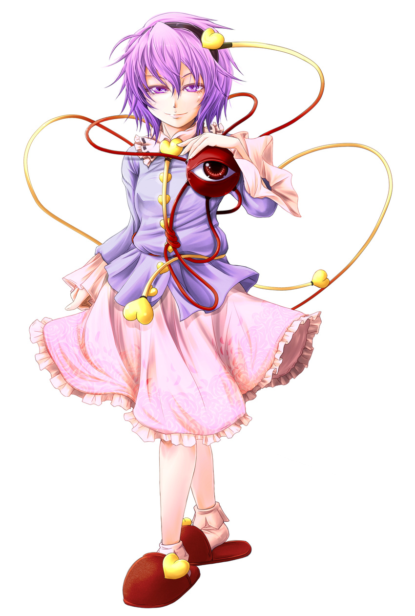 absurdres blouse bobby_socks frills full_body hairband heart highres jyun komeiji_satori pink_skirt purple_eyes purple_hair short_hair skirt sleeves_past_wrists slippers smile socks solo third_eye touhou transparent_background