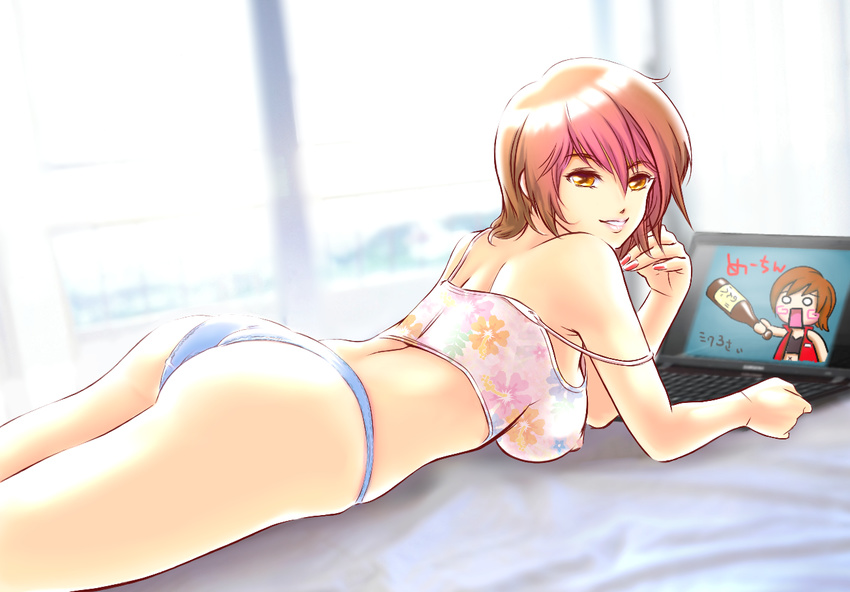 ass bad_id bad_pixiv_id breasts brown_eyes brown_hair camisole computer covered_nipples indoshiki laptop large_breasts lying meiko nail_polish o_o on_stomach panties red_nails short_hair solo underwear vocaloid