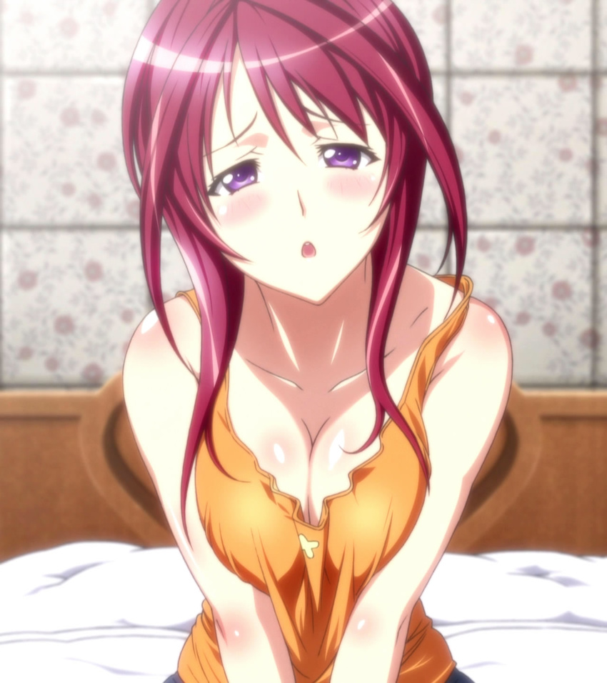 blush breasts cleavage female highres indoors large_breasts long_hair open_mouth oribe_mafuyu purple_eyes red_hair screencap seikon_no_qwaser sexually_suggestive sitting solo squinting stitched