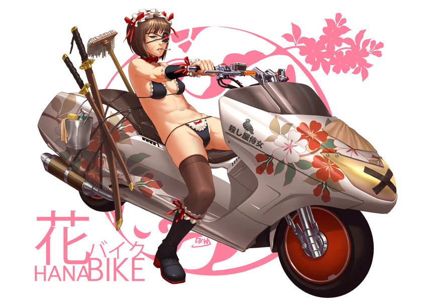 bikini boots breasts brown_hair bucket cameltoe cigarette cleavage copyright_request dcwj eyepatch frilled_bikini frills green_eyes ground_vehicle legs lips maid maid_headdress medium_breasts motor_vehicle motorcycle navel riding short_hair skindentation solo swimsuit sword thighhighs weapon