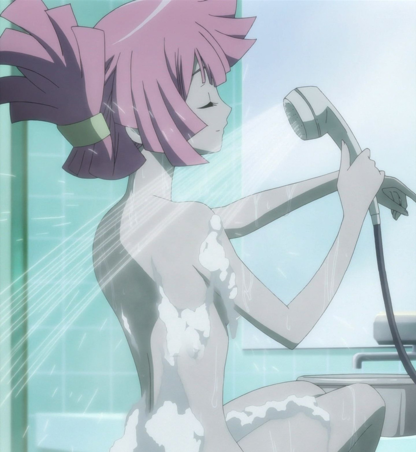 1girl back bare_back eyes_closed foam highres naked_back nude pink_hair screencap shower sitting soap solo star_driver thighs water you_mizuno