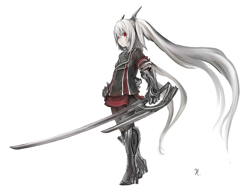 akaitera albino bad_id bad_pixiv_id banned_artist gauntlets greaves hair_ornament highres long_hair military military_uniform original pantyhose recel_tinker red_eyes solo sword twintails uniform weapon white_hair