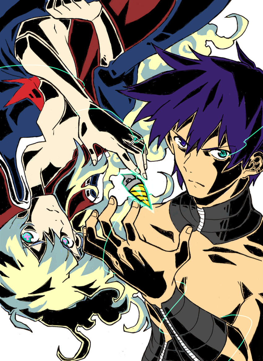 1boy 1girl blue_hair choker couple drill frown hetero highres jacket multicolored_hair naked_coat nia_teppelin open_clothes open_jacket rotational_symmetry simon spiral_power tengen_toppa_gurren_lagann two-tone_hair upside-down