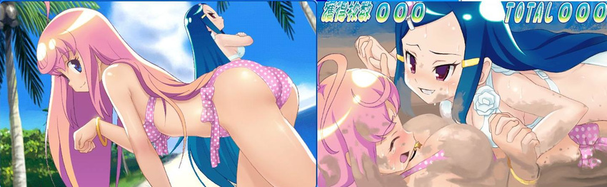 ass beach bikini cap dokitto!_bikinipai humeno_aya long_image mizusawa_hanon mud pink_hair screencap swimsuit tecmo wide_image