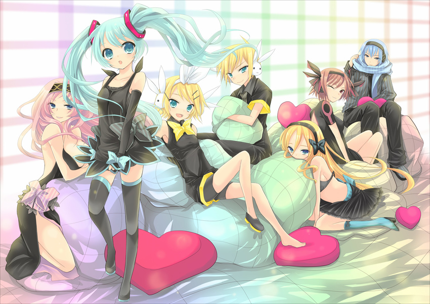 5girls alternate_costume bad_id bad_pixiv_id barefoot blue_scarf boots bow bunny detached_sleeves dress hatsune_miku highres kagamine_len kagamine_rin kaito lily_(vocaloid) megurine_luka meiko multiple_boys multiple_girls necktie one_eye_closed open_mouth sakurai_unan scarf sitting skirt smile thigh_boots thighhighs twintails vocaloid