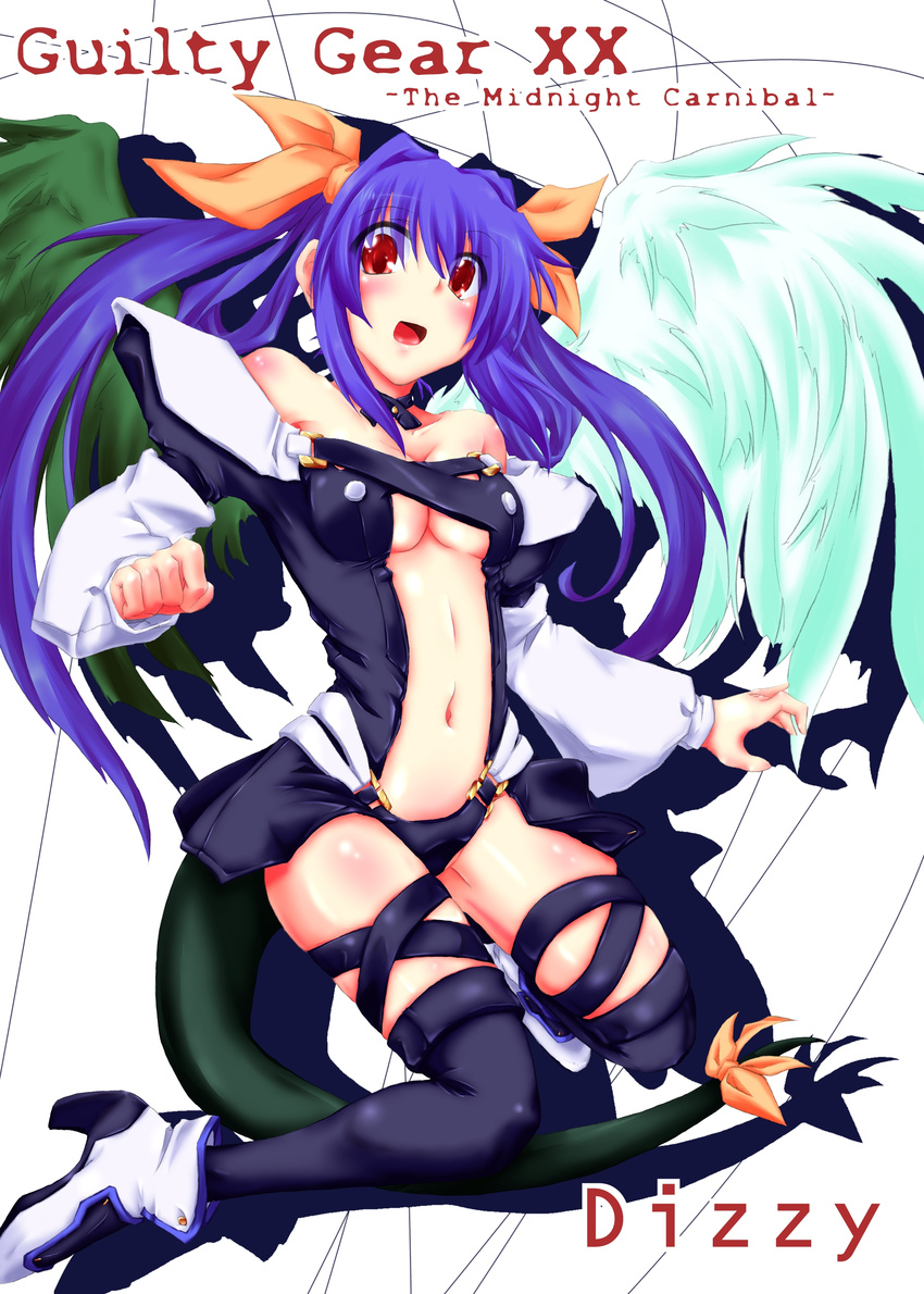 absurdres asymmetrical_wings bad_id bad_pixiv_id blue_hair blush bow breasts choker dizzy guilty_gear hair_bow highres long_hair medium_breasts midriff navel notice_(kou) red_eyes ribbon solo tail tail_ribbon thighhighs twintails underboob wings