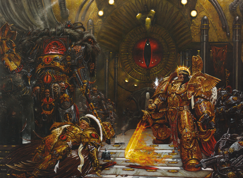 adrian_smith_(artist) angel armor bald blood brothers claws clone emperor_of_mankind father_and_son feathers fire fur gun highres horus_(warhammer_40k) mace multiple_boys non-web_source sanguinius_(warhammer_40k) siblings space_marines sword throne warhammer_40k weapon wings