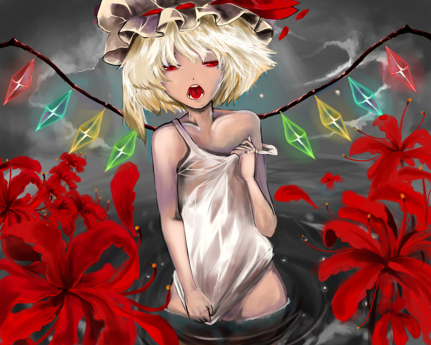 bad_id bad_pixiv_id bare_shoulders blonde_hair bottomless flandre_scarlet flat_chest flower fukanenbutsu_(q1323562521) highres open_mouth ponytail red_eyes side_ponytail solo spider_lily strap_slip touhou wading water wings