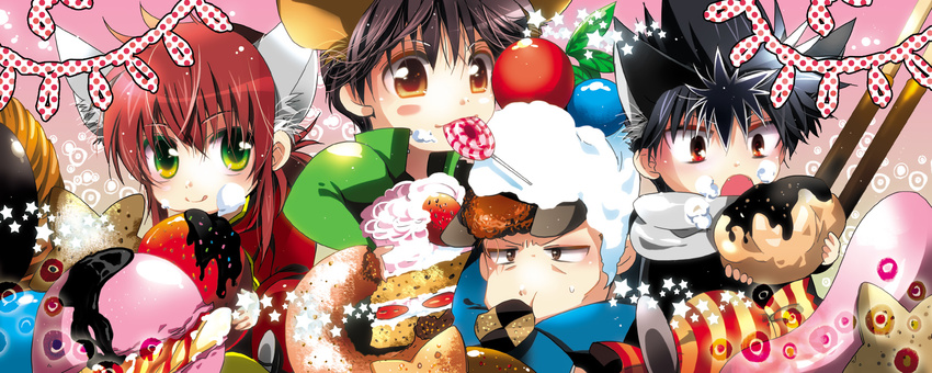 animal_ears black_hair brown_eyes chibi doughnut food fox_ears fruit green_eyes hiei_(yuu_yuu_hakusho) highres kurama kuwabara_kazuma long_hair male_focus marirero_a multiple_boys orange_hair red_hair strawberry sweets urameshi_yuusuke yuu_yuu_hakusho