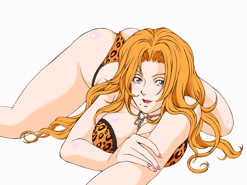 ass ass_up bare_shoulders bleach blonde_hair blue_eyes bra breast_press breasts cleavage collar female large_breasts legs leopard_print lingerie long_hair looking_at_viewer lying matsumoto_rangiku mole nail_polish on_stomach open_mouth panties ranzuki rippadou simple_background solo spread_legs thighs underwear white_background