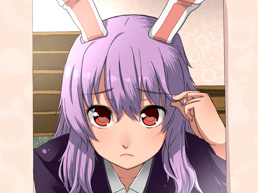 adjusting_hair animal_ears bad_id bad_pixiv_id bunny_ears close-up closed_mouth face frown long_hair maita mirror purple_hair red_eyes reisen_udongein_inaba solo touhou