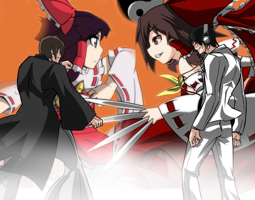 ascot battle bow brown_hair commentary_request detached_sleeves dual_persona fighting_stance hakurei_reimu headphones long_hair multiple_girls niconico ribbon tamuhi touhou